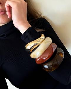 Handmade Marble Resin Bangle Stackable Chunky Wavy Gold Metal Resin Craft Curved Dome Cuff Bracelet Set Jewelry - Product Image 1