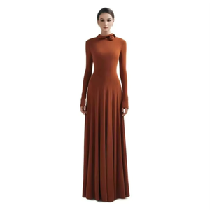 Vestido Maxi Naranja con Cuello de Lazo, Manga Larga, Plisado, Elegante y Casual para Fiesta o Boda - Product Image 1
