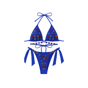 Conjunto de bikini triangular con cuentas naranjas y parte inferior con corte en forma de escalera, conjunto de bikini de dos piezas para mujeres y niñas, traje de baño con escote halter - Product Image 3