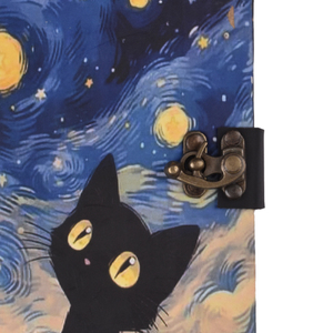 Journal fait main avec motif de chat mignon et ciel étoilé |   Carnet artistique A5 avec cadenas vintage, 100 pages, journal en papier fait main pour écrire, cadeau - Product Image 2