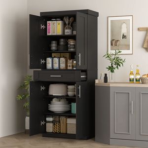 Moderno Armadio Dispensa Indipendente per Cucina Nero con Ripiani Regolabili, Ante e Cassetto - Product Image 2