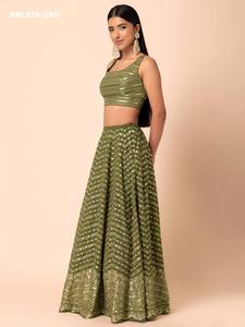 Proveedor de conjuntos de lehenga verde oliva semicosturados con corte en A, de georgette de alta calidad con hilo Zari y múltiples lentejuelas, de Surat. - Product Image 2