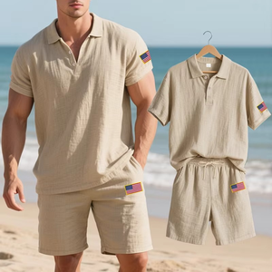 Conjunto de Camiseta Polo y Pantalones Cortos de Algodón Blanco para Hombre, Bordado con la Bandera de EE. UU., Ropa Casual de Verano - Product Image 5