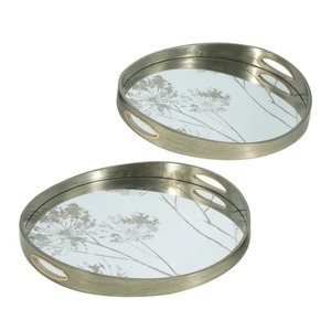 Round <b>Mirrored</b> Storage <b>Trays</b> With Metal Frame Modern Design For Table Use Set Of 2 - Product Image 2