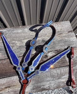 Harnais de selle western personnalisable en cuir véritable souple et naturel, orné de strass bleus, durable - Product Image 2