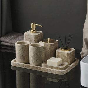Ensemble de salle de bain en marbre - Ensemble d'accessoires de bain rustiques en pierre naturelle 5 pièces avec distributeur et plateau |   Décoration de vanité artisanale - Product Image 1