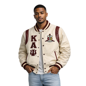 Chaqueta Universitaria de Lana Kappa Alpha Psi Krimson and Kream con Letras Griegas en Chenilla, Abrigo Premium para Fraternidad - Product Image 1