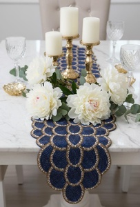 Handmade Beaded <b>Table</b> <b>Runner</b> Blue <b>Gold</b> Solid Stripe Pattern (13x36 Inch) Polyester/Cotton Home & Hotel Decorative MOHD BAHID - Product Image 2