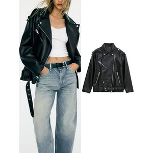Chaqueta de Motociclista Afernon para Mujer, de Cuero Genuino, Impermeable, con Cierre de Cremallera, Cuello Alto, Color Sólido, para Primavera - Product Image 5