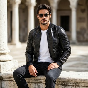 Chaqueta Bomber de Cuero Grabado para Hombre LEATHER SPOT - Diseño a Cuadros Transpirable Casual de Verano - Product Image 2