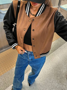 Veste universitaire pour femme, style bomber court, manches en cuir PU, couleur unie, col boutonné, manteau streetwear d'automne - Product Image 6