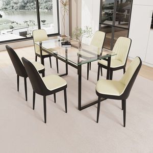 Moderno tavolo da pranzo rettangolare per 6 persone 51 \ "vetro temperato metallo nero gamba spessa sedia PU imbottita per sala da pranzo - Product Image 4