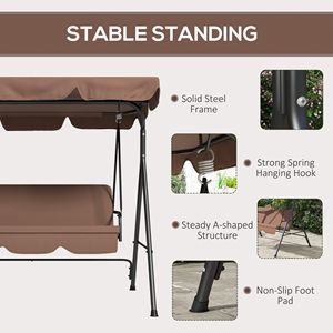 Sedia a dondolo da giardino marrone impermeabile con cuscino e tettuccio regolabile per esterni - Product Image 6