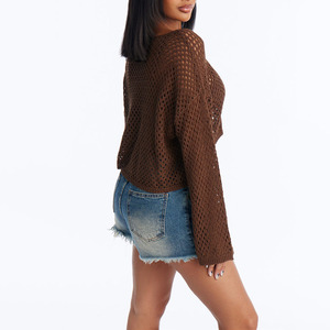 Pull court décontracté en maille marron pour femme, col rond, manches lanternes au crochet, couleur unie, tricot fin à manches longues - Product Image 2