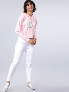 Sweat-shirt à capuche rose pour femme, coupe courte, imprimé lettres, décontracté, pour l'automne, 100 % coton tricoté, respirant, manches longues - Product Image 4