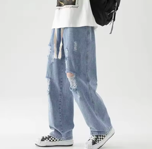 Jean déchiré tendance pour homme, coupe large et droite, style américain, décontracté, taille élastique, longueur cheville - Product Image 5
