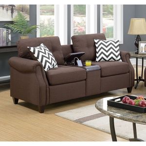 Set Divano 2 Pezzi in Poliestere Effetto Peluche Color Caffè Scuro, Arredamento Soggiorno, Divanetto con Console e Cuscini, Nuova Collezione 2022 - Product Image 3