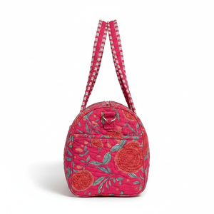 Quilted Floral Duffel <b>Bag</b> Pink Cotton Weekender Travel <b>Bag</b> with Striped Handles Women <b>Overnight</b> Gym <b>Bag</b> - Product Image 2