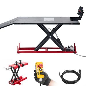 Bomba hidráulica eléctrica con capacidad de 1500 Lbs, elevador de tijera, calzo para ruedas, altura de elevación de 9.05 a 41.73 pulgadas, mesa elevadora para motocicletas de 78 pulgadas - Product Image 1