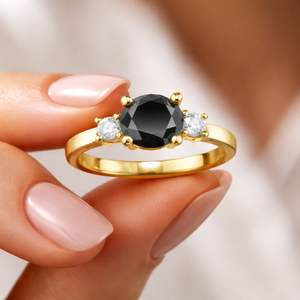 Anillo de Diamantes Negros y Blancos Redondos Reales |   Anillo de Oro con Tres Piedras, Elegante para Uso Diario, Joyería Fina, Regalo para Mujer, Estilo Clásico - Product Image 2
