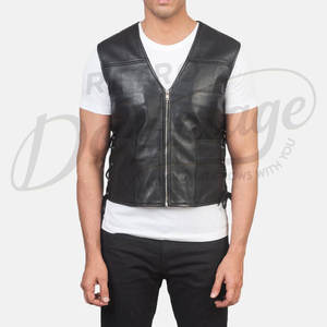Chaleco de cuero genuino negro para hombre, con cordones laterales, sin mangas, corte ajustado, cuello en V, cremallera frontal, estilo casual, tipo motero. - Product Image 4