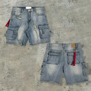 Fabricante de Shorts de Mezclilla Lavada para Hombre, Jorts Cargo Desgastados, Azul Claro, Lavado Ácido, Bolsillos Utilitarios, Pantalones Holgados Estilo Urbano - Product Image 6