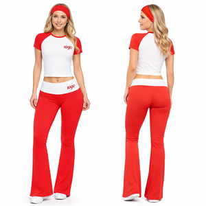 Women's Raglan Crop Top Flare Pants Two-Piece Yoga Set Casual Athletic Co-ord with <b>Headband</b> - Product Image 4