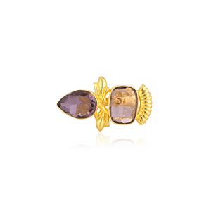 Stylish Trendy Purple Amethyst Hydro <b>Two</b> <b>Stone</b> Gemstone <b>Ring</b> for Women Brass Gold Plated Adjustable Jewelry - Product Image 1