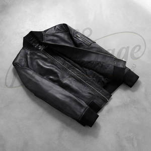Blouson aviateur en cuir véritable noir de qualité supérieure pour homme - Coupe ajustée, style MA-1 en peau de mouton véritable avec bordure côtelée - Product Image 6