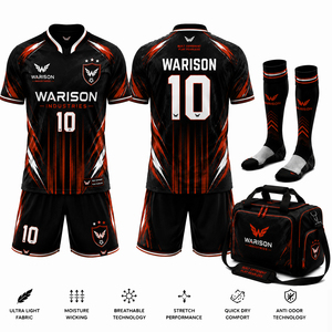 Conjunto de uniforme de fútbol transpirable, camiseta de fútbol sublimada, calcetines cortos y bolsa de transporte con nombre y número personalizados - Product Image 5