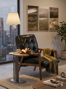Indoor Floor <b>Lamp</b> With Wooden <b>Shelf</b> Beige Fabric Drum Shade Metal Base Adjustable Height Light Source E27 E26 Vietnam Lumetal - Product Image 4
