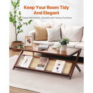 "Z-Shaped Rattan Woven <b>Bamboo</b> Coffee <b>Table</b> with Tempered Glass Top & Modern Boho Style-Folding Design" - Product Image 2