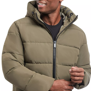 Men's Olive Green Hooded Puffer <b>Jacket</b> <b>Zipper</b> Closure Windproof Casual Winter Regular Fit Canvas Sherpa Lining Polyester Wadding - Product Image 4