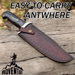 Couteau de chasse Bowie en acier au carbone avec manche en bois Pakka et embout en laiton, couteau de chasse et de camping avec étui en cuir - Product Image 6