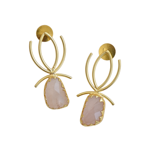 Boucles d'oreilles artisanales en laiton et quartz rose, plaquées or, légères, avec pierres naturelles, vente en gros - Product Image 5