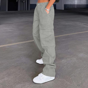 2026 Pantalon décontracté taille haute classique à poches, coupe large, en denim respirant, style cargo, pour femme, OEM - Product Image 2