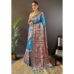 Sari en soie Tussar bleu curieux imprimé Madhubani avec bordure tissée Zari, vêtements indiens et pakistanais, Elite Weaves 500g - Product Image 3