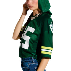 Camiseta de fútbol de malla con capucha corta verde para mujer, personalizada, a la moda, estilo urbano oversize, transpirable, moda deportiva, OEM ODM - Product Image 3