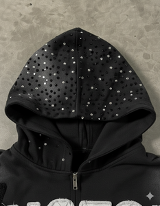Sudadera con capucha de algodón grueso personalizada con cremallera, apliques bordados desgastados, corte holgado, estilo vintage, lavado ácido, con pedrería - Product Image 4