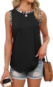 Camisetas sin mangas para mujer, de leopardo, de encaje, tejidas, transpirables, informales, con cuello bohemio, bloques de color, sin mangas, para verano, playa, vacaciones, con corte curvo - Product Image 4