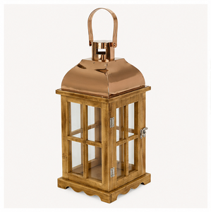 Farol de Madera Estilo Rústico con Tapa Metálica en Oro Rosa, Portavelas Decorativo para Bodas y Decoración del Hogar y Jardín, Venta al Por Mayor - Product Image 2