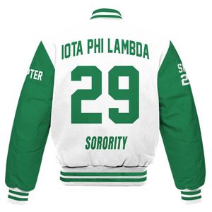 Chaqueta Universitaria Personalizada Iota Phi Lambda para Mujer, Blanca con Mangas Verde Esmeralda, Letras, Escudo, Número y Año, Estilo Bomber - Product Image 6