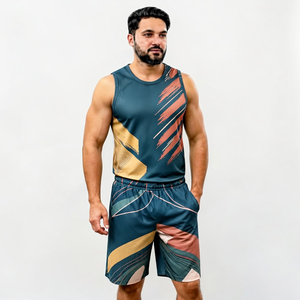 Conjunto de camiseta sin mangas y pantalones cortos con estampado geométrico para hombre, cuello redondo, de secado rápido, tejido de poliéster, estilo deportivo, para verano. - Product Image 1