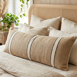 Housse de coussin lombaire longue tissée à la main, beige naturel, 14 × 36 pouces, à rayures courbes texturées, coussin de lit décoratif - Product Image 6