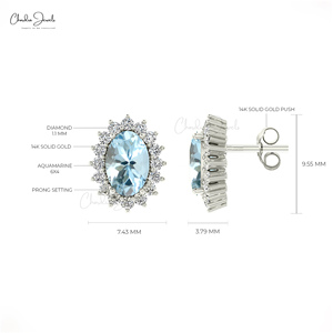 ต่างหูเพชรทรงวงรีขนาด 6x4 มม. ประดับพลอยอะความารีน ตัวเรือนทองคำแท้ 14K พร้อมเพชรรอบวง  ของใหม่มาแรง  ของขวัญประจำเดือนมีนาคม  ราคาขายส่ง - Product Image 2