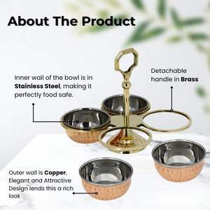 Wholesaler 4 Compartment Handmade Steel Copper 3 Bowl Classic Design Dishwasher Safe Eco-Friendly <b>Serving</b> <b>Set</b> with Stand - Product Image 2
