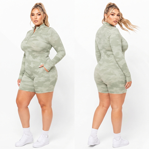 Women Camo Printed One Piece Romper Gym Fitness Compression Short Jumpsuit Half Zipper Plus Size Long Sleeve Jumpsuit Shorts - Product Image 4
