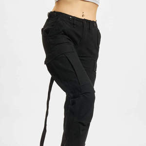Pantalones Cargo Negros para Mujer, Cintura Alta, Material de Lona, Color Sólido, Múltiples Bolsillos, Estilo Casual, Largo Completo, Corte Regular, Otoño - Product Image 3