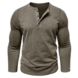 Men's Vintage Cotton <b>Long</b> <b>Sleeve</b> Shirt - Slim Fit Casual 5-Button Placket T-Shirt Soft Breathable Lightweight <b>Tops</b> - Product Image 4