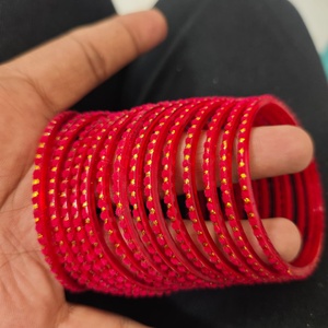 Elegant <b>Red</b> Velvet Glass Bangle Set Handmade Gold Dot Designer Bangles Traditional Fashion Jewelry for Women - Product Image 1